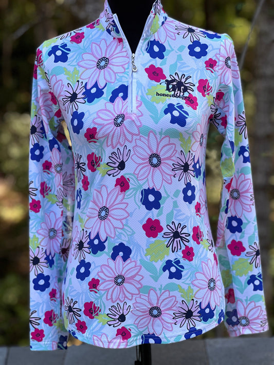 Women's golf polo - daisy print, long-sleeved sun protection shirt