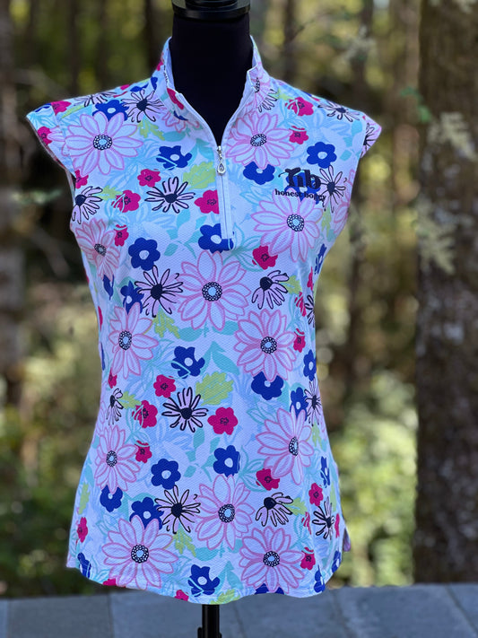 Women's golf polo - daisy print, cap sleeve