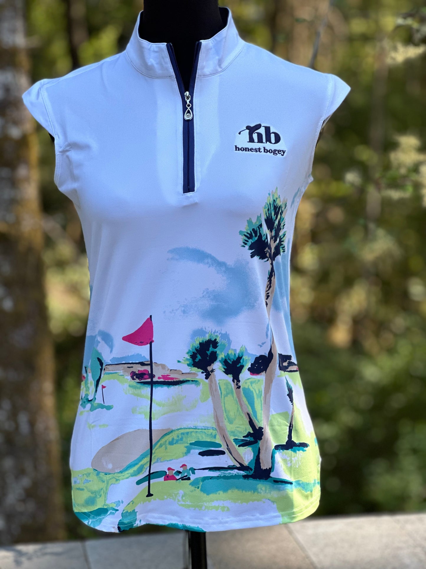 Women's golf polo - royal palm print, cap sleeve